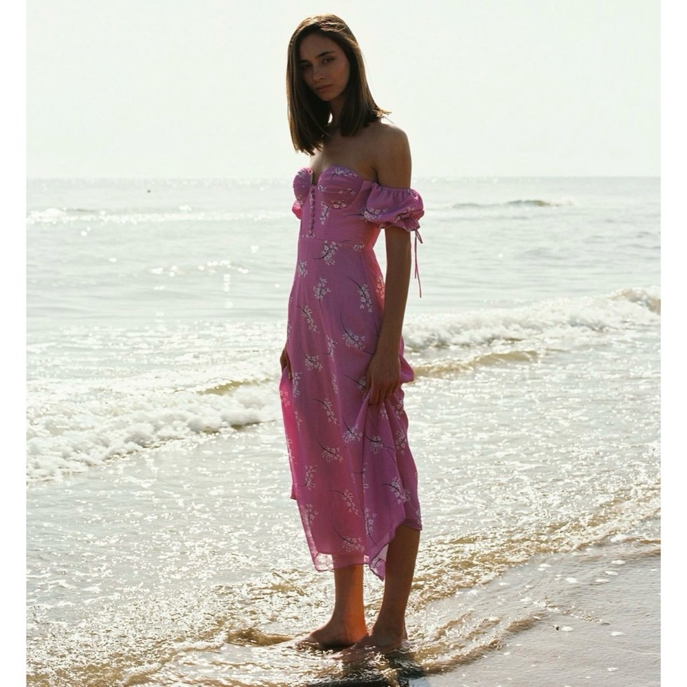 ADEIRLINA Grapely In Love Puff Sleeve Floral Midi Dress Cherry Blossom